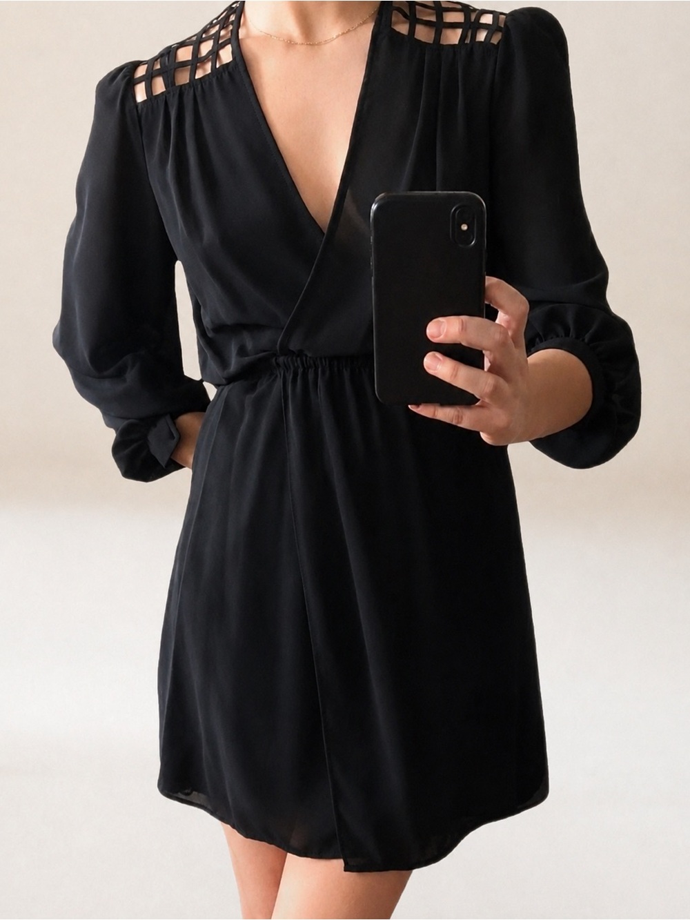 Vintage Black Sheer V Neck Backless Mini Dress Caged Style Lattice Open Back S
